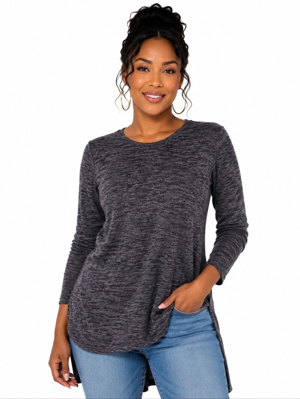 Charcoal Heather Long Sleeve High-Low Tunic Top